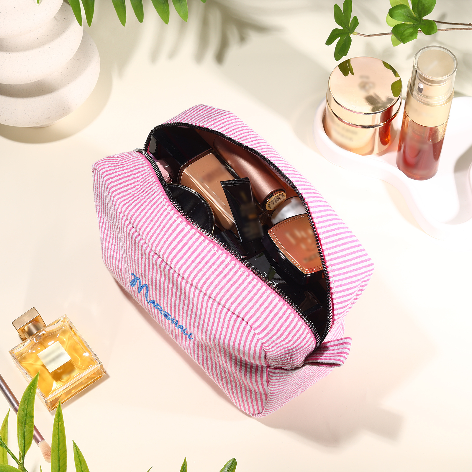 Striped Embroidered Cosmetic Case Personalized Name Makeup Bag Preppy Toiletry Pouch Seersucker Makeup Bag Bridal Sorority Gifts