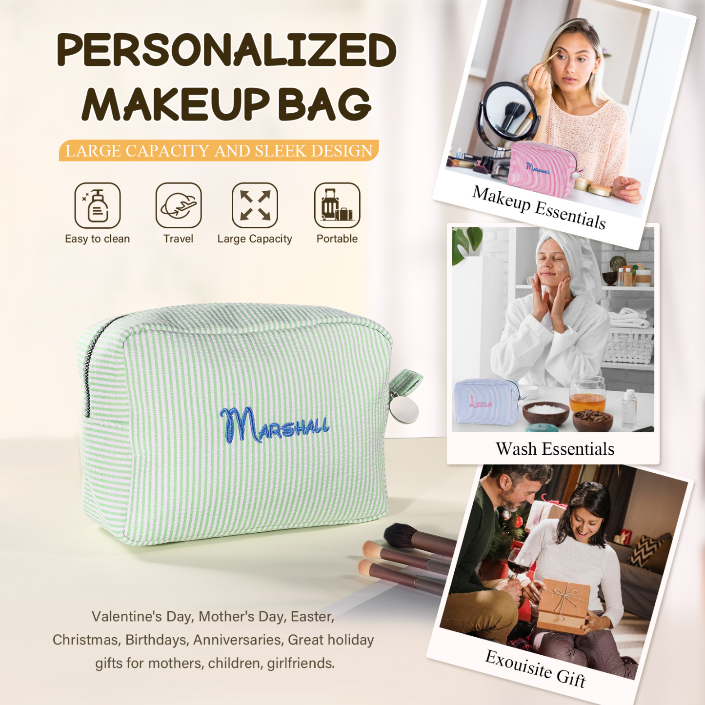 Striped Embroidered Cosmetic Case Personalized Name Makeup Bag Preppy Toiletry Pouch Seersucker Makeup Bag Bridal Sorority Gifts