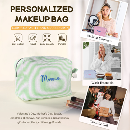 Striped Embroidered Cosmetic Case Personalized Name Makeup Bag Preppy Toiletry Pouch Seersucker Makeup Bag Bridal Sorority Gifts