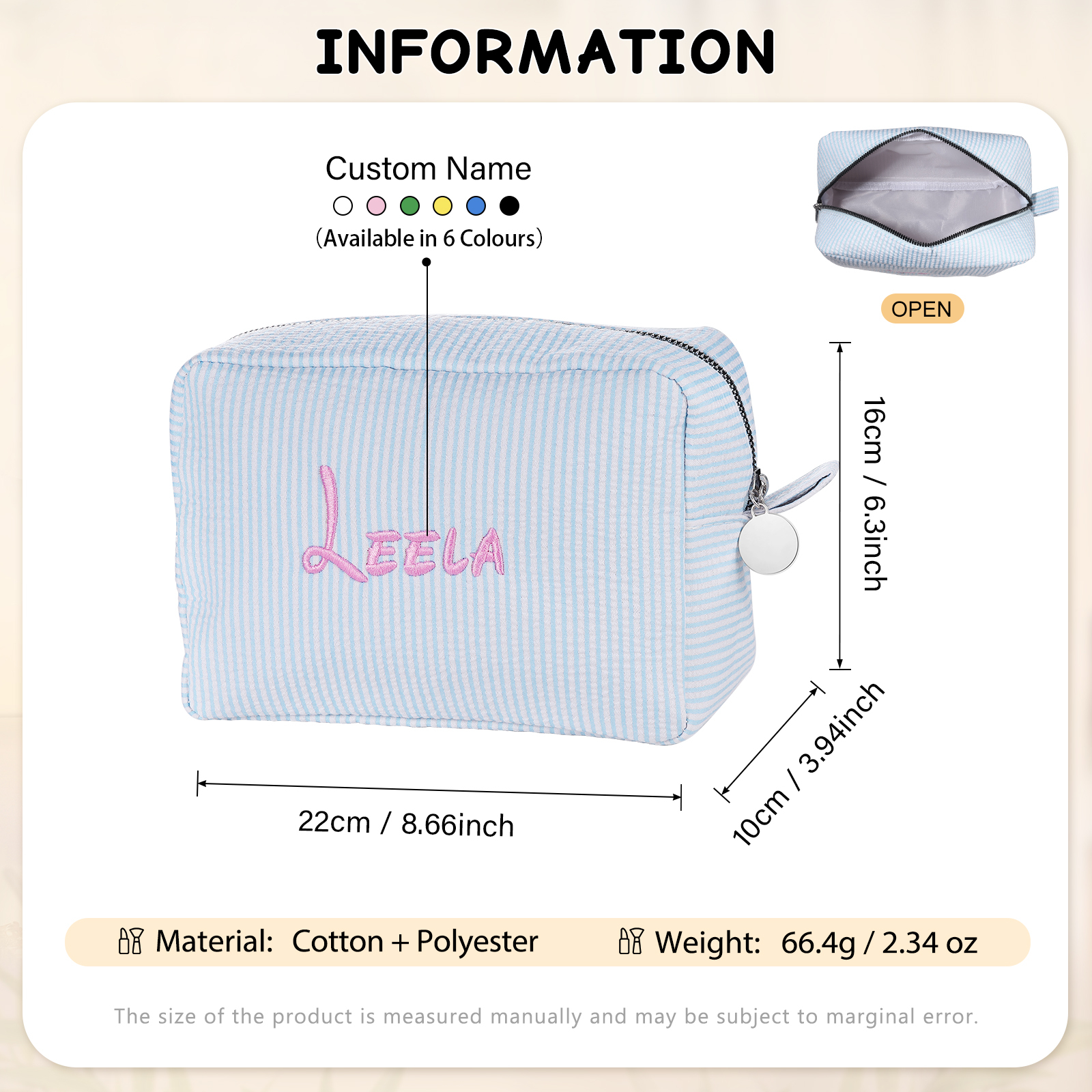 Striped Embroidered Cosmetic Case Personalized Name Makeup Bag Preppy Toiletry Pouch Seersucker Makeup Bag Bridal Sorority Gifts