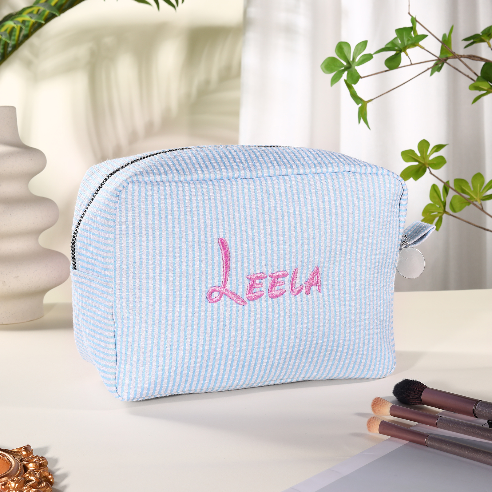 Striped Embroidered Cosmetic Case Personalized Name Makeup Bag Preppy Toiletry Pouch Seersucker Makeup Bag Bridal Sorority Gifts