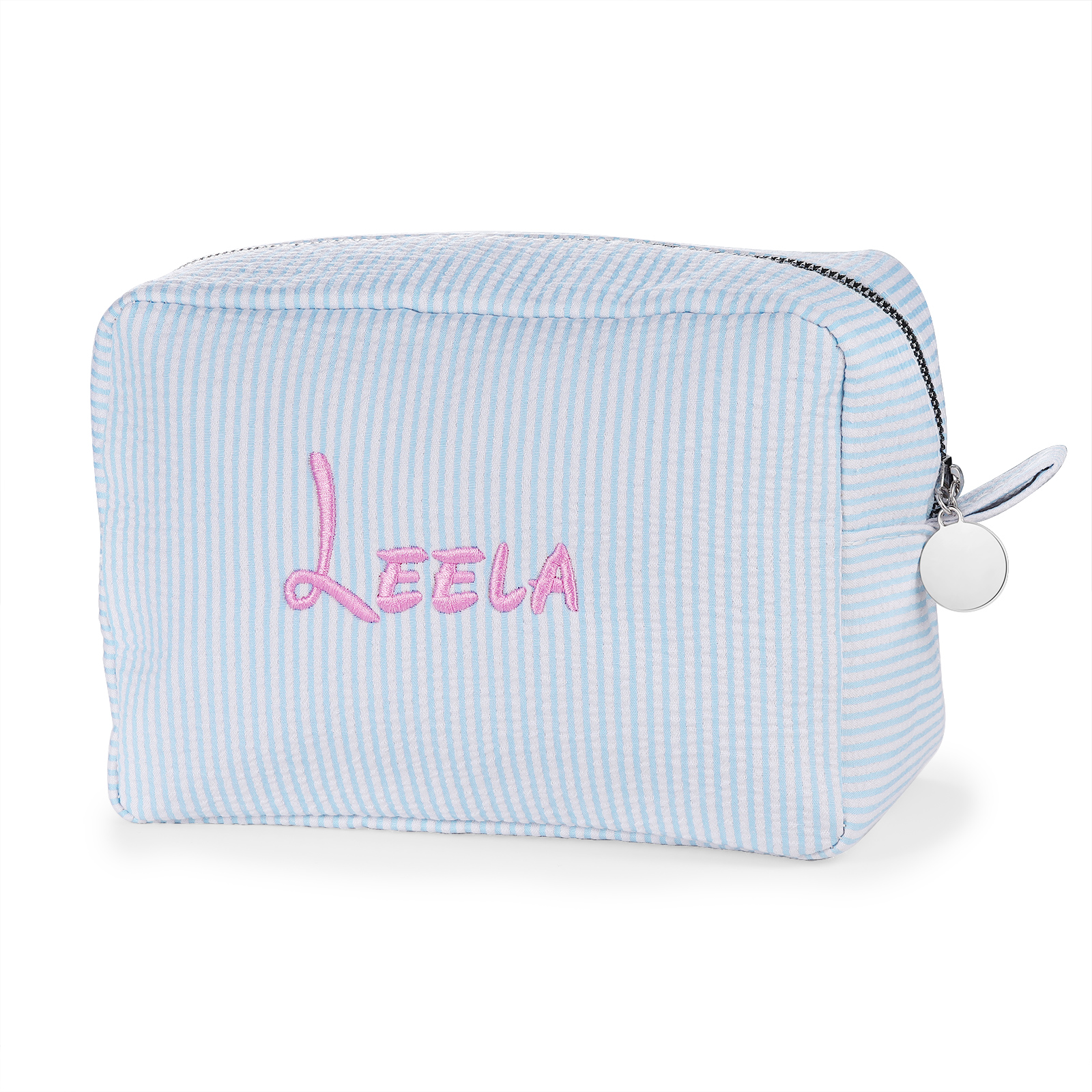 Striped Embroidered Cosmetic Case Personalized Name Makeup Bag Preppy Toiletry Pouch Seersucker Makeup Bag Bridal Sorority Gifts