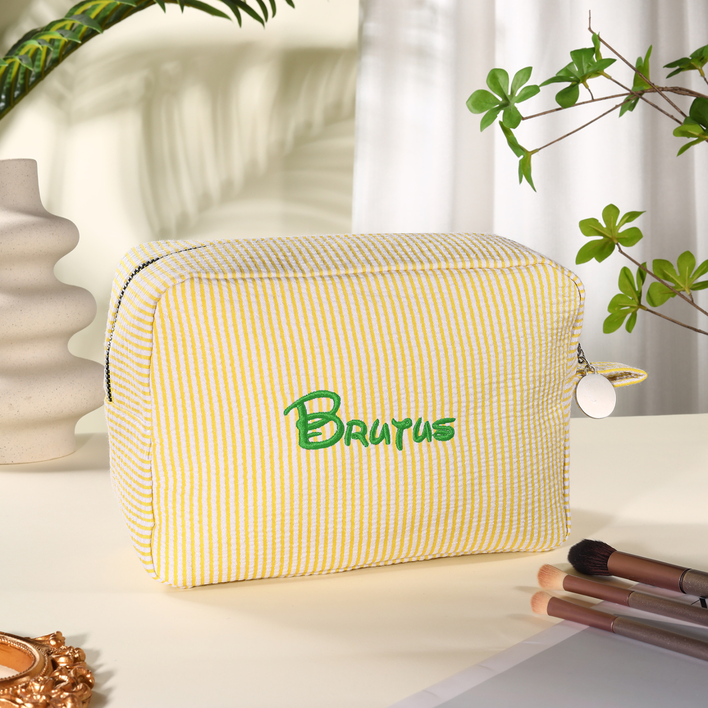 Striped Embroidered Cosmetic Case Personalized Name Makeup Bag Preppy Toiletry Pouch Seersucker Makeup Bag Bridal Sorority Gifts