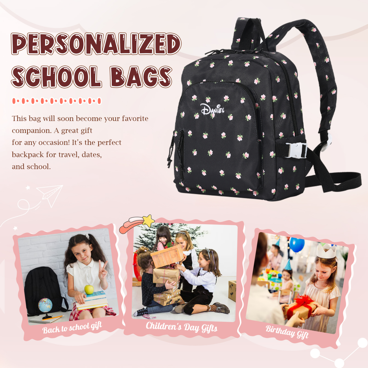 Personalized Kids School Bag with Name & Flowers – Back to School Gift | Lorajewel