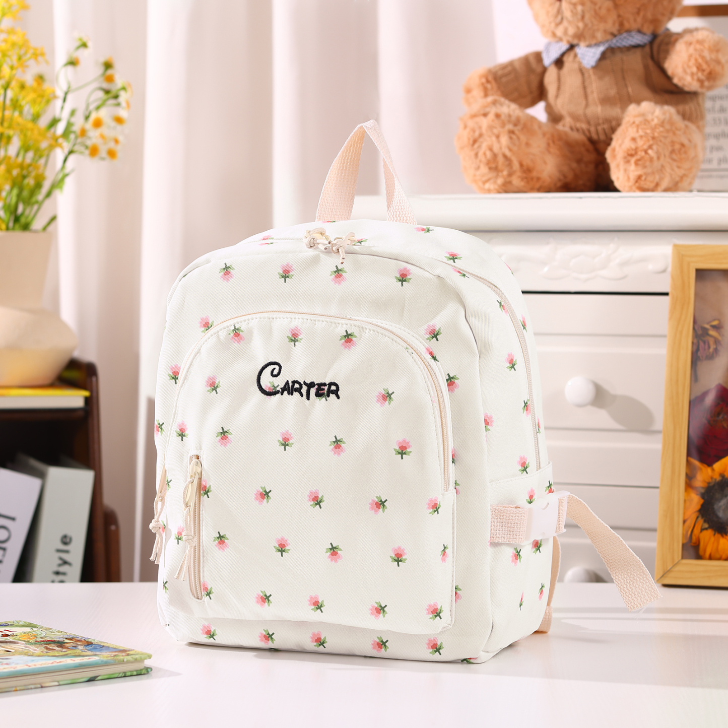 Personalized Kids School Bag with Name & Flowers – Back to School Gift | Lorajewel