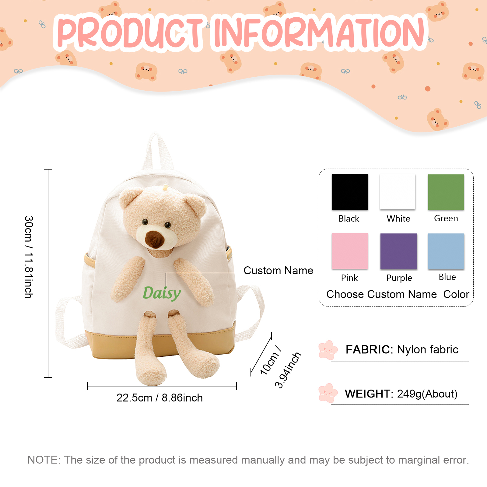 Personalized Teddy Bear Children's Backpack – Custom Name Rucksack, Cute Plush School Bag for Kids (Multiple Colours) – Back to School Gift | Lorajewel