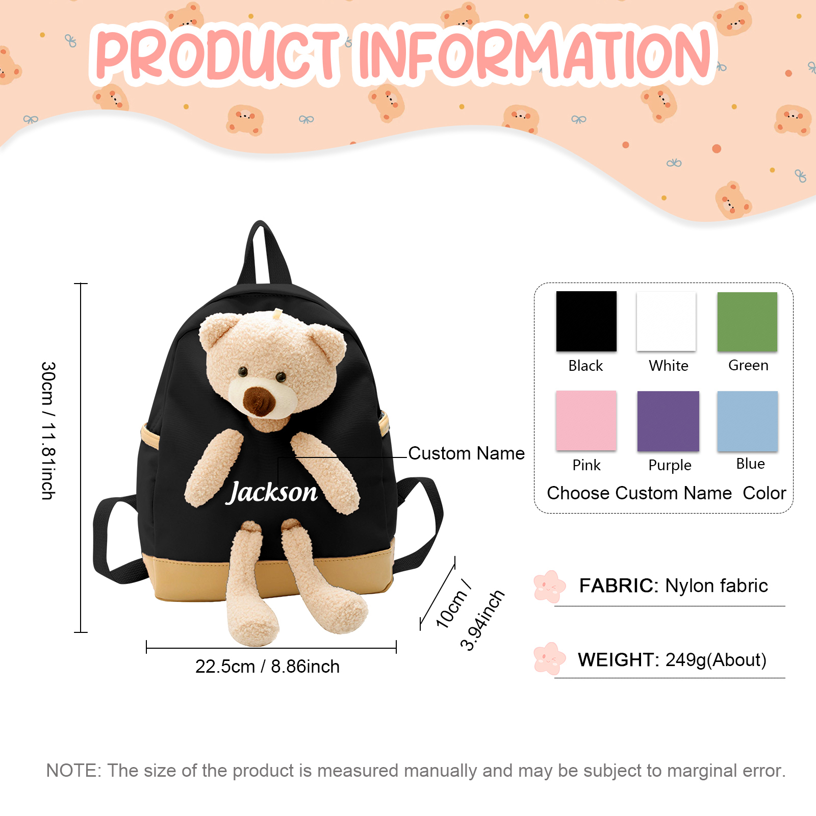 Personalized Teddy Bear Children's Backpack – Custom Name Rucksack, Cute Plush School Bag for Kids (Multiple Colours) – Back to School Gift | Lorajewel