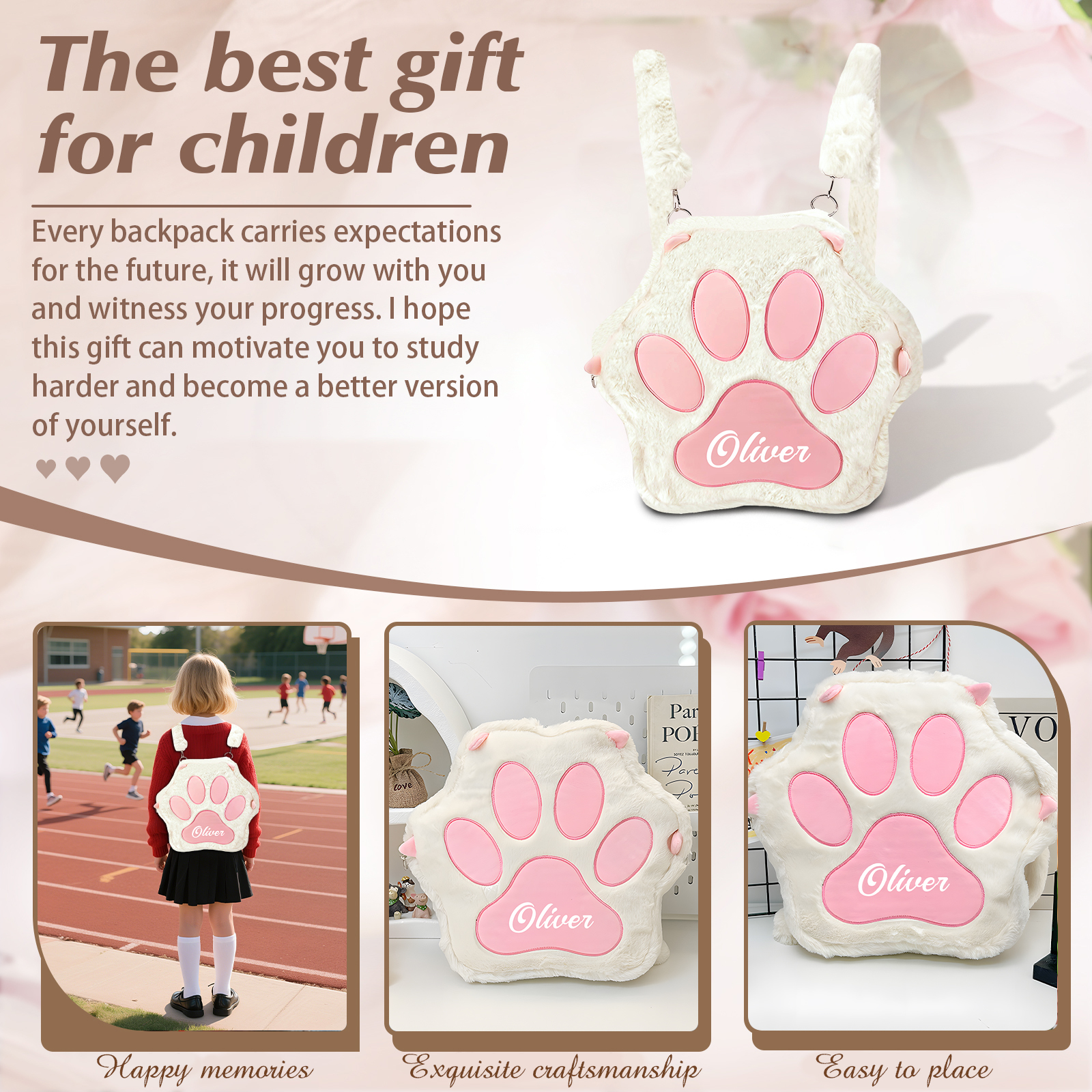 Personalized Paw Print Kids Backpack – Custom Name Plush Rucksack, Adorable Animal Paw Bag (6 Colours Available) – Back to School Gift | Lorajewel