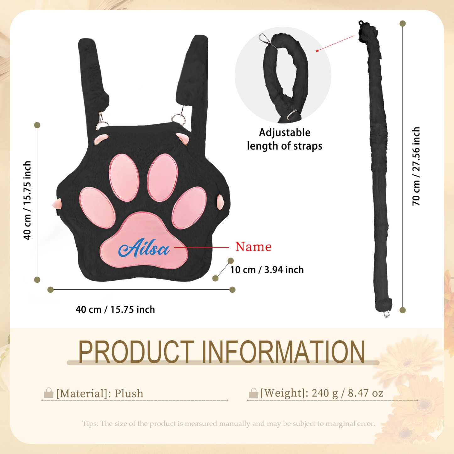 Personalized Paw Print Kids Backpack – Custom Name Plush Rucksack, Adorable Animal Paw Bag (6 Colours Available) – Back to School Gift | Lorajewel
