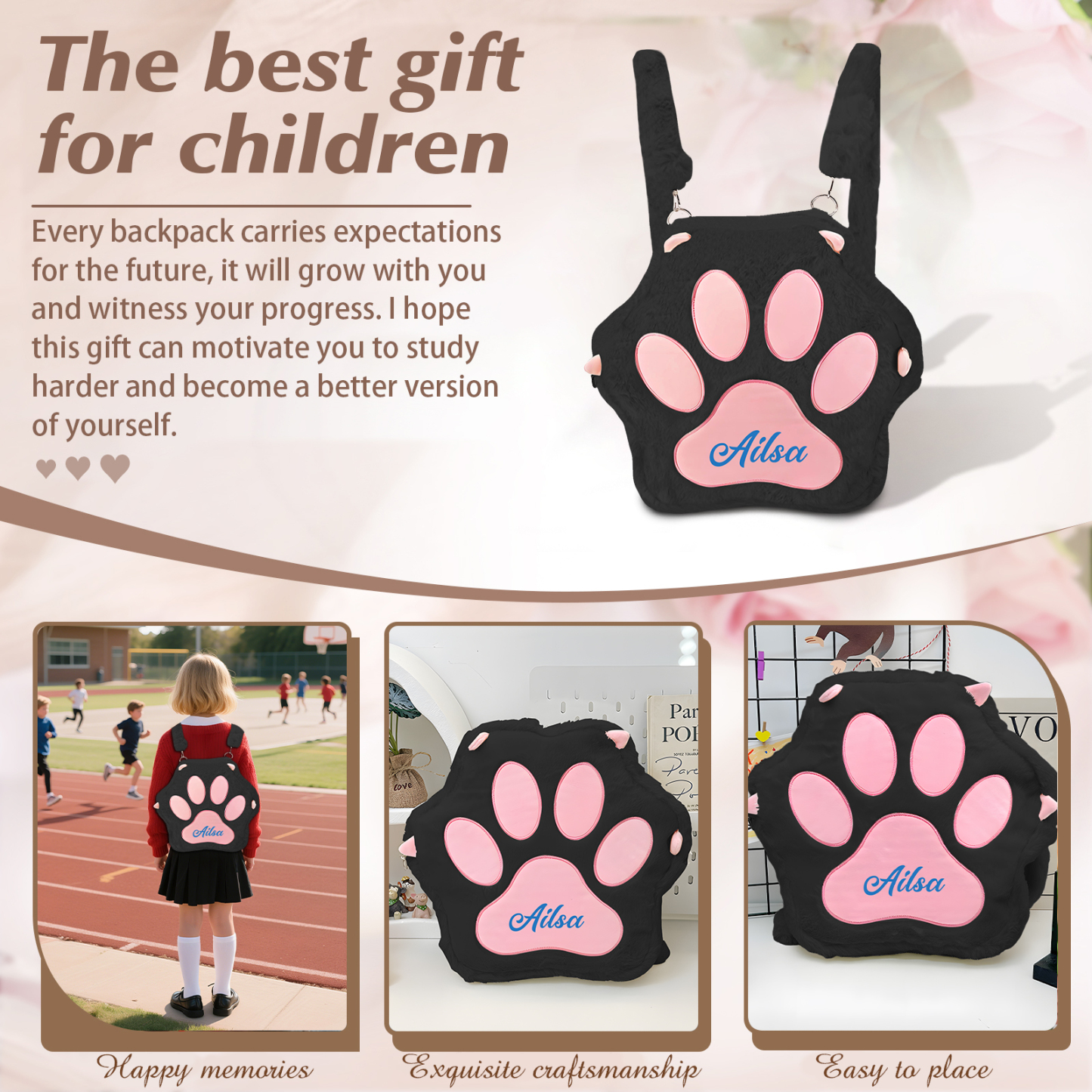 Personalized Paw Print Kids Backpack – Custom Name Plush Rucksack, Adorable Animal Paw Bag (6 Colours Available) – Back to School Gift | Lorajewel