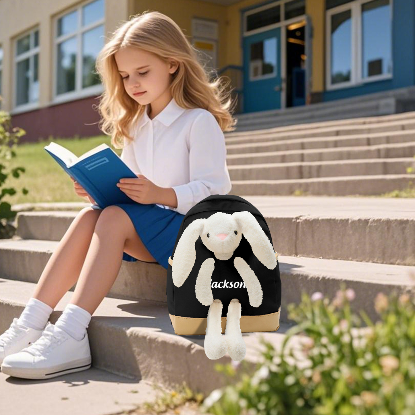 Personalized Children’s Backpack with Plush Bunny – Custom Name Kids’ Rucksack School Bag – Back to School Gift | Lorajewel