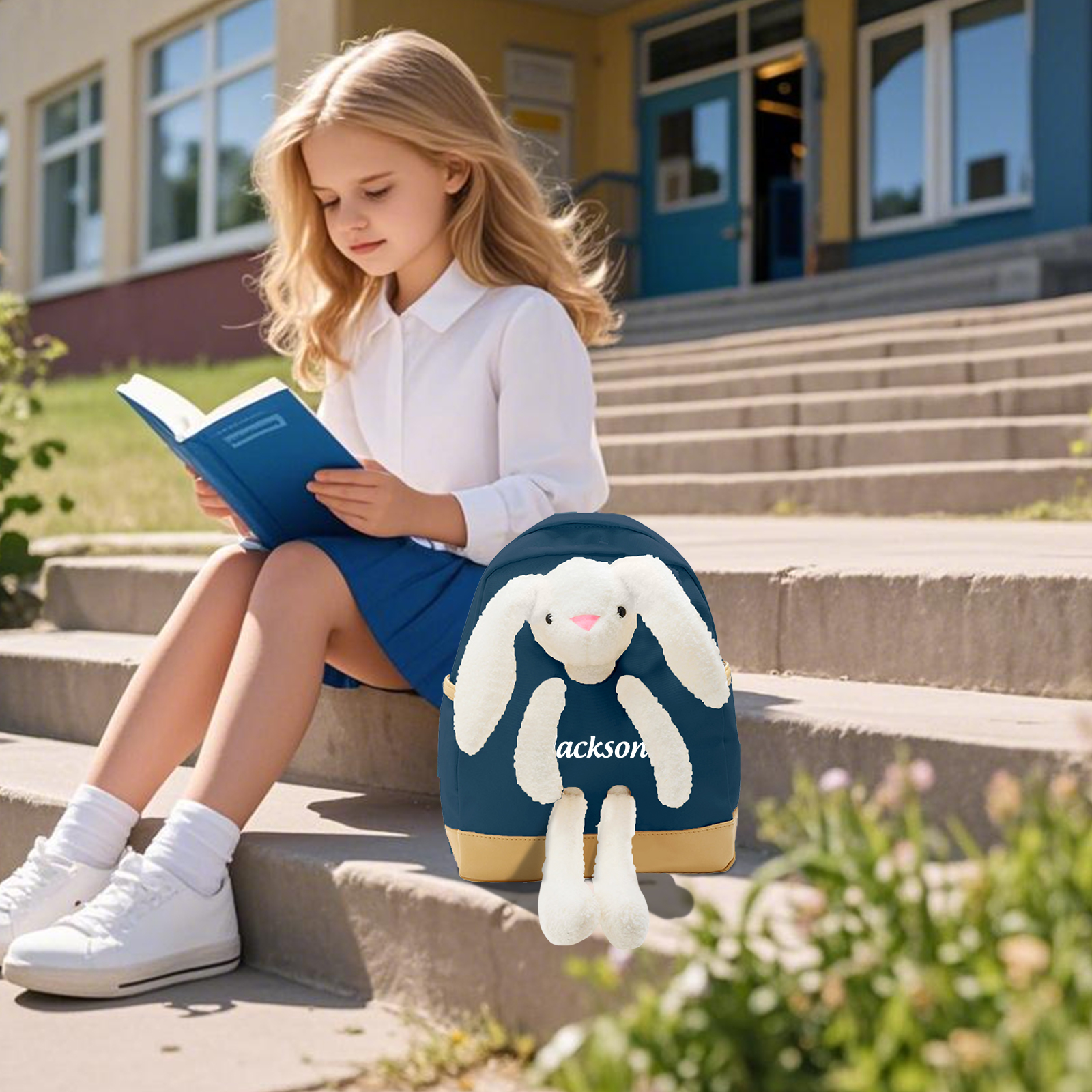 Personalized Children’s Backpack with Plush Bunny – Custom Name Kids’ Rucksack School Bag – Back to School Gift | Lorajewel