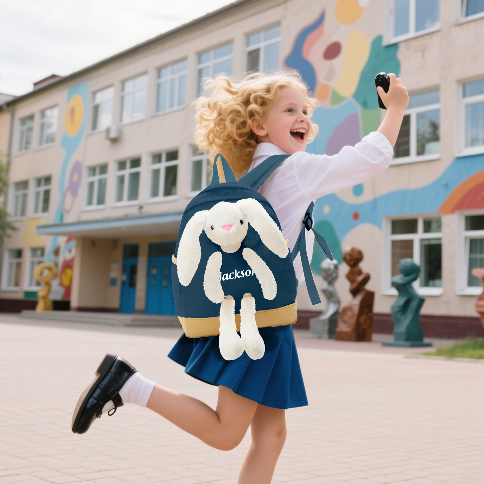 Personalized Children’s Backpack with Plush Bunny – Custom Name Kids’ Rucksack School Bag – Back to School Gift | Lorajewel