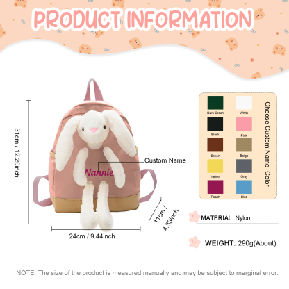 Personalized Children’s Backpack with Plush Bunny – Custom Name Kids’ Rucksack School Bag – Back to School Gift | Lorajewel