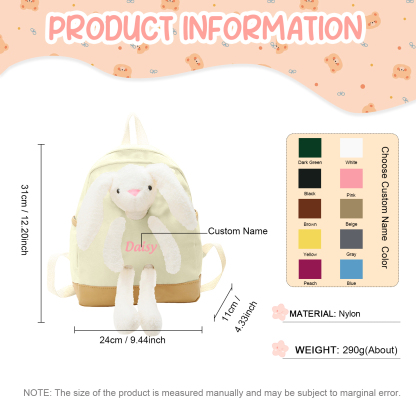 Personalized Children’s Backpack with Plush Bunny – Custom Name Kids’ Rucksack School Bag – Back to School Gift | Lorajewel