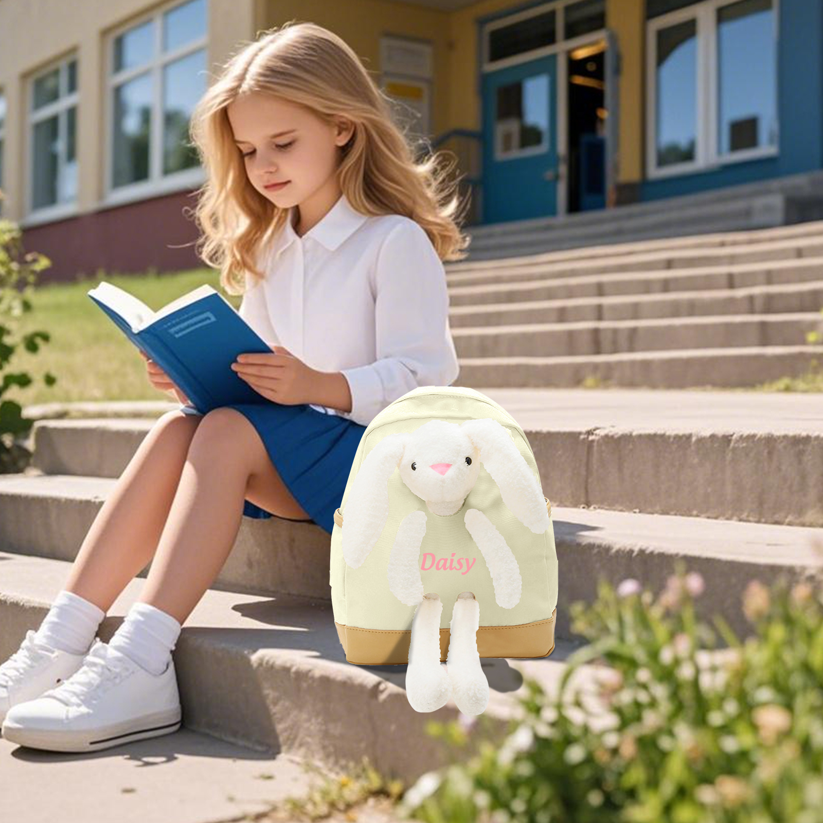 Personalized Children’s Backpack with Plush Bunny – Custom Name Kids’ Rucksack School Bag – Back to School Gift | Lorajewel