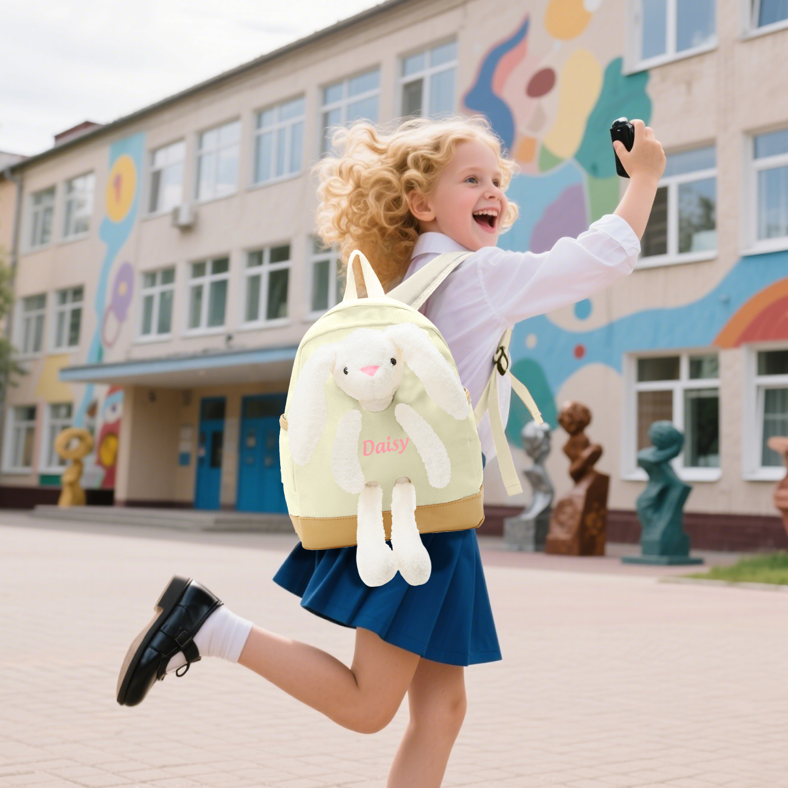 Personalized Children’s Backpack with Plush Bunny – Custom Name Kids’ Rucksack School Bag – Back to School Gift | Lorajewel