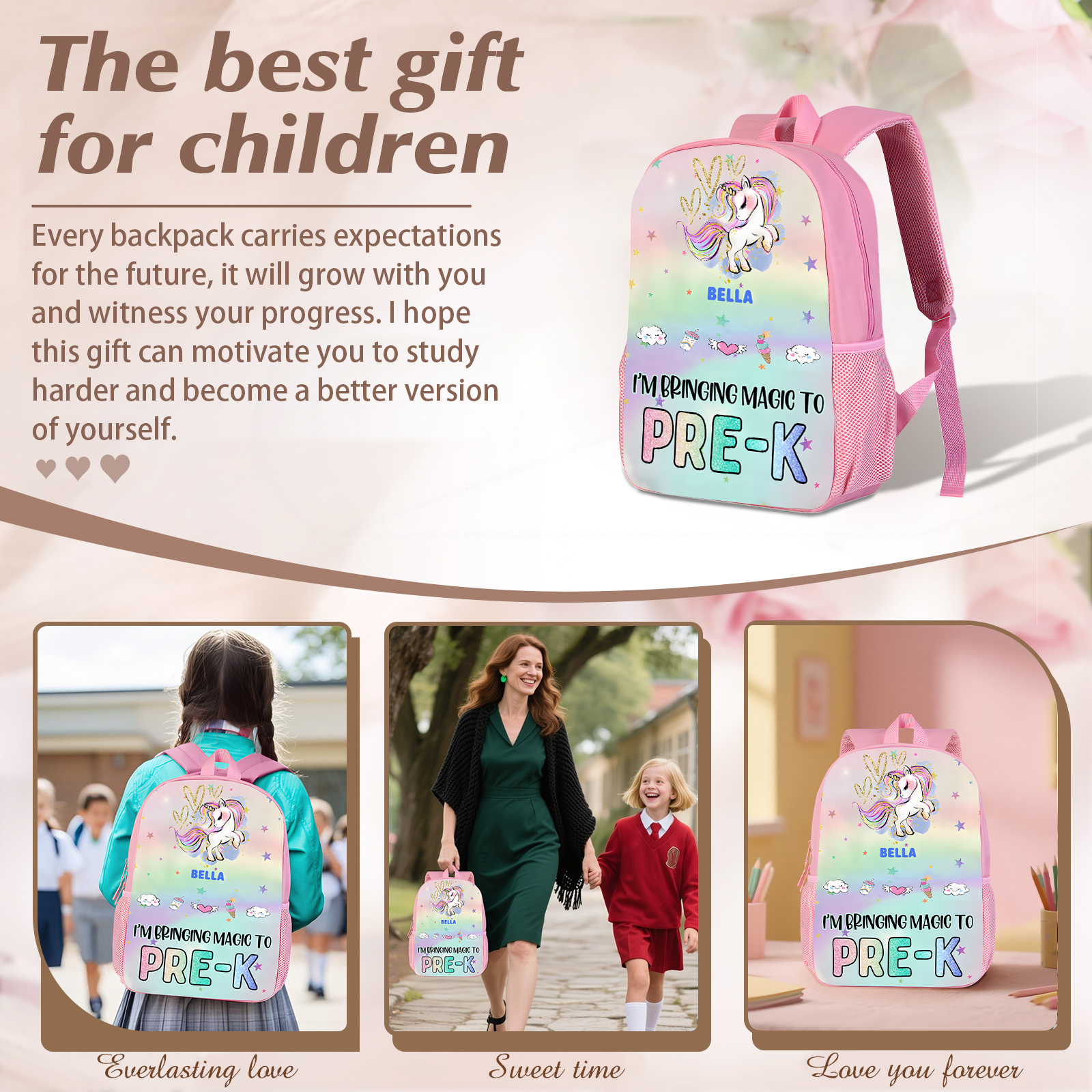 Personalized Unicorn Children’s Backpack – Custom Name & Message, Magical Rainbow School Bag for Girls – Back to School Gift | Lorajewel