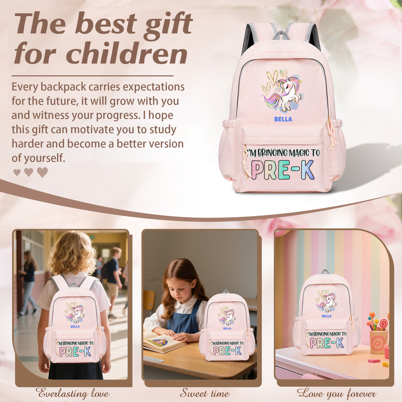 Personalized Unicorn Children's Backpack – Custom Name & Message, Magical School Rucksack for Girls (Multiple Colours) – Back to School Gift | Lorajewel