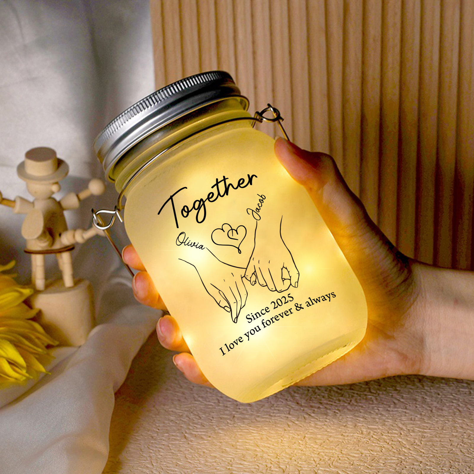 Custom Couple Frosted Solar Mason Jar Light