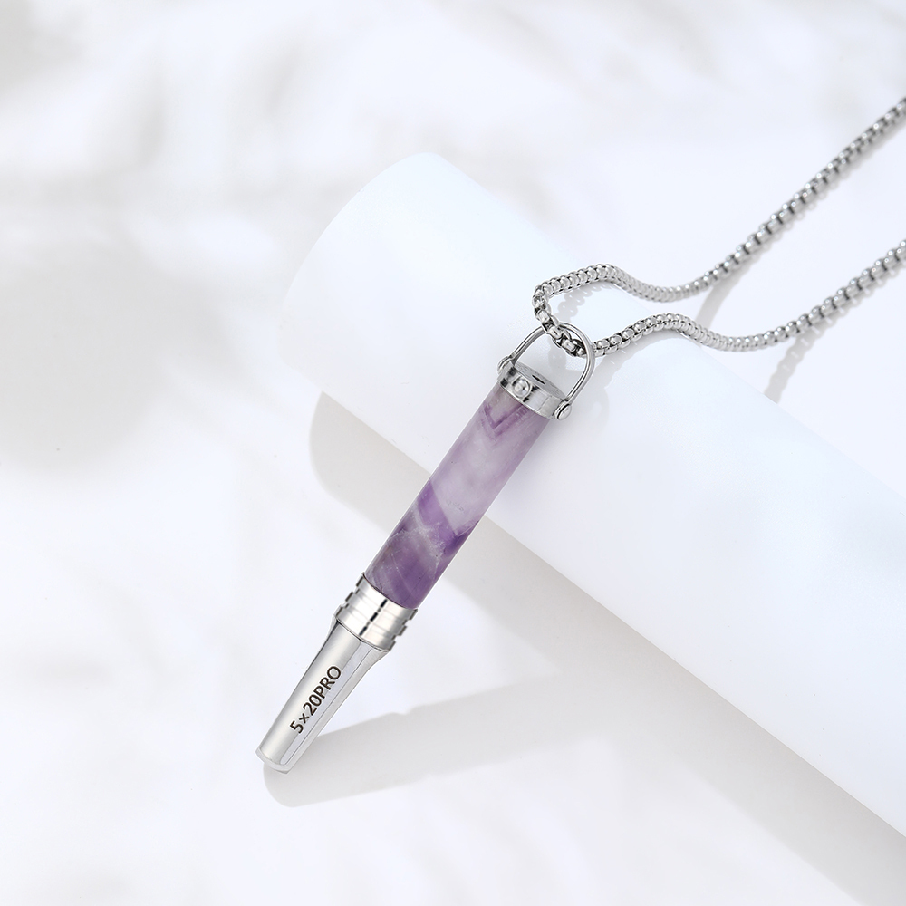 Gemstone Cylinder Breathing Necklace, Steel Tip
