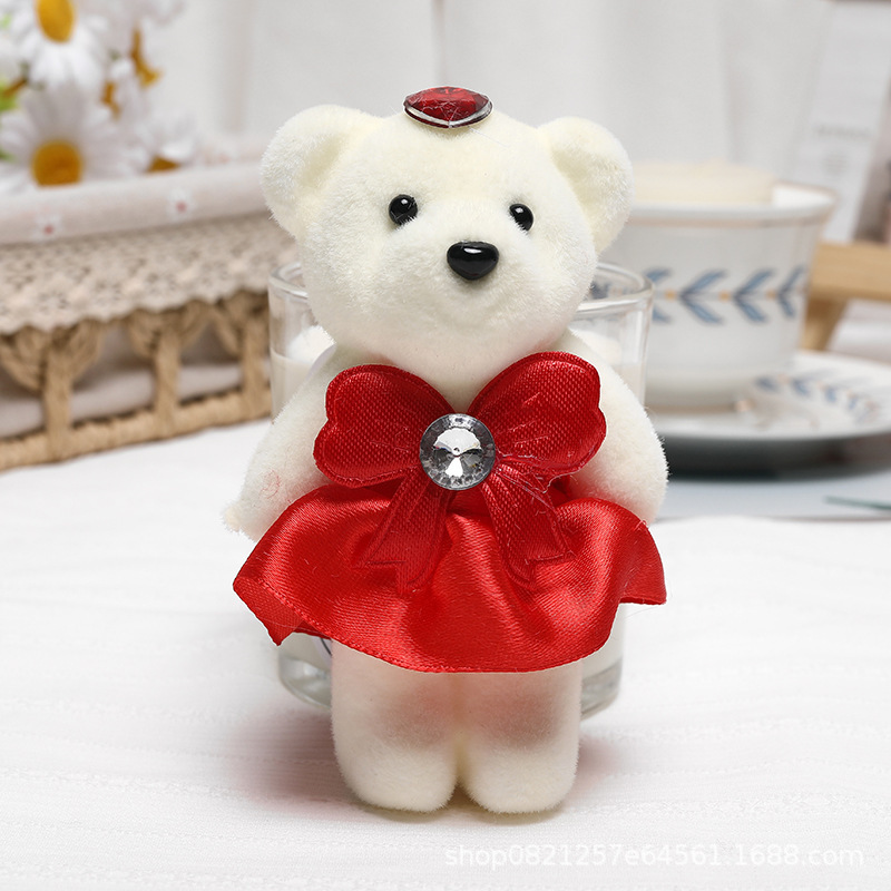 Mini Plush Bear in Red Dress – Soft Decorative Teddy Bear with Jewel Accent – 11cm Gift Ornament