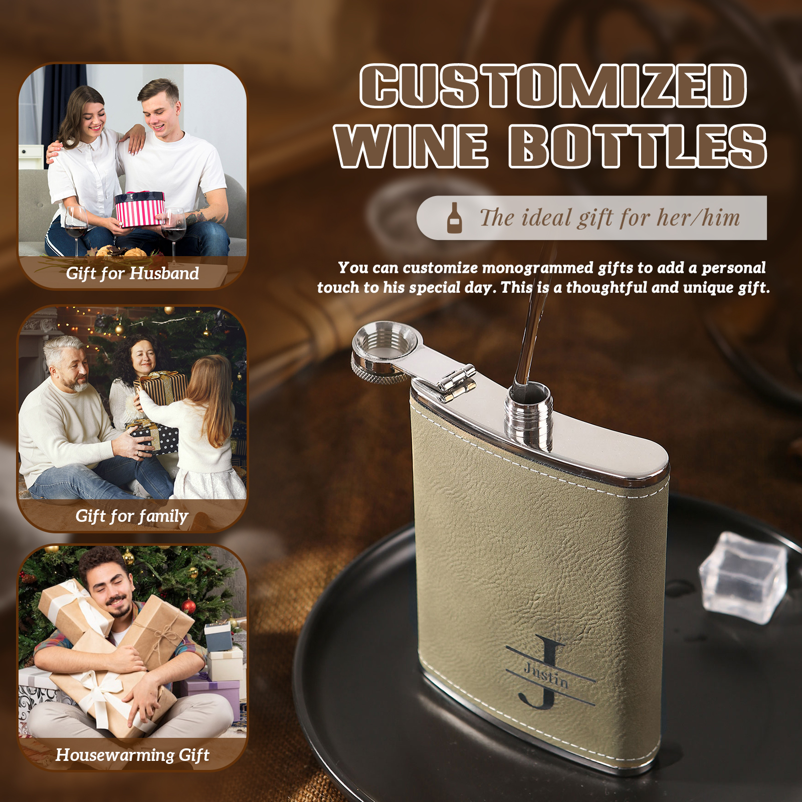 Personalized Portable Hip Flask Custom Name & Initial Gift for Him