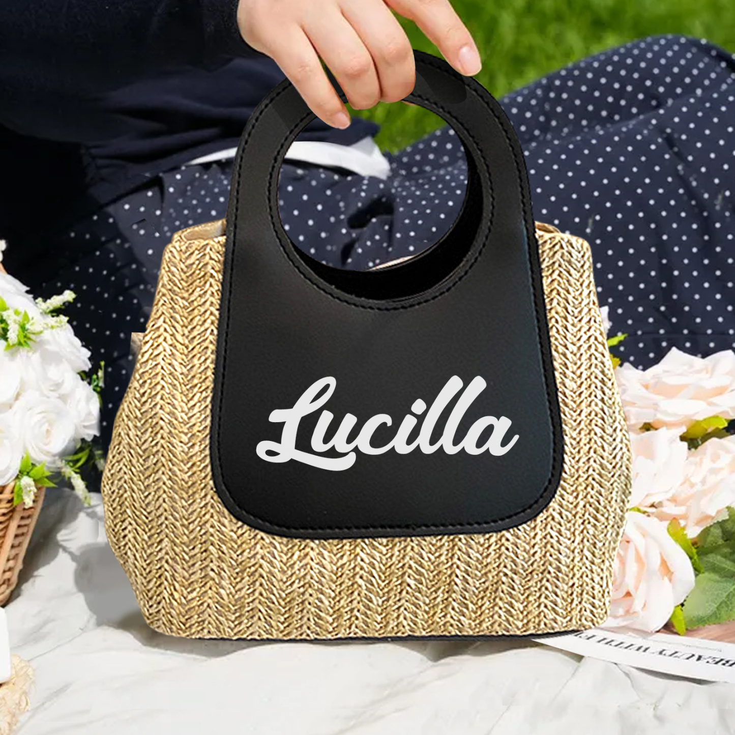 Personalized Straw Handbag – Custom Name Beach Bag for Women | Lorajewel