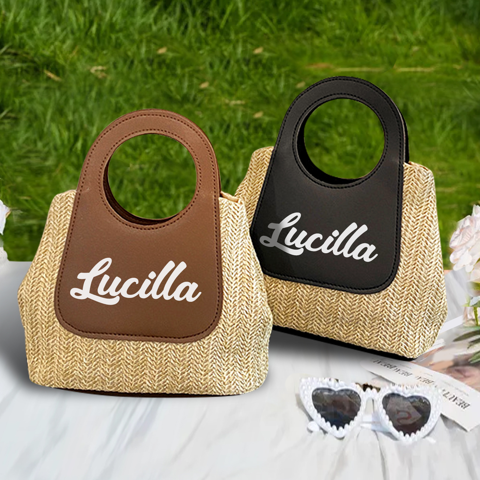 Personalized Straw Handbag – Custom Name Beach Bag for Women | Lorajewel
