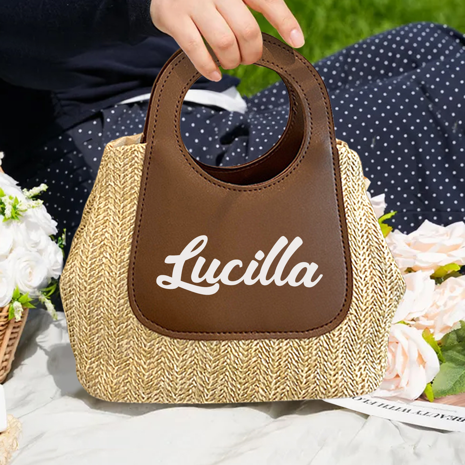 Personalized Straw Handbag – Custom Name Beach Bag for Women | Lorajewel