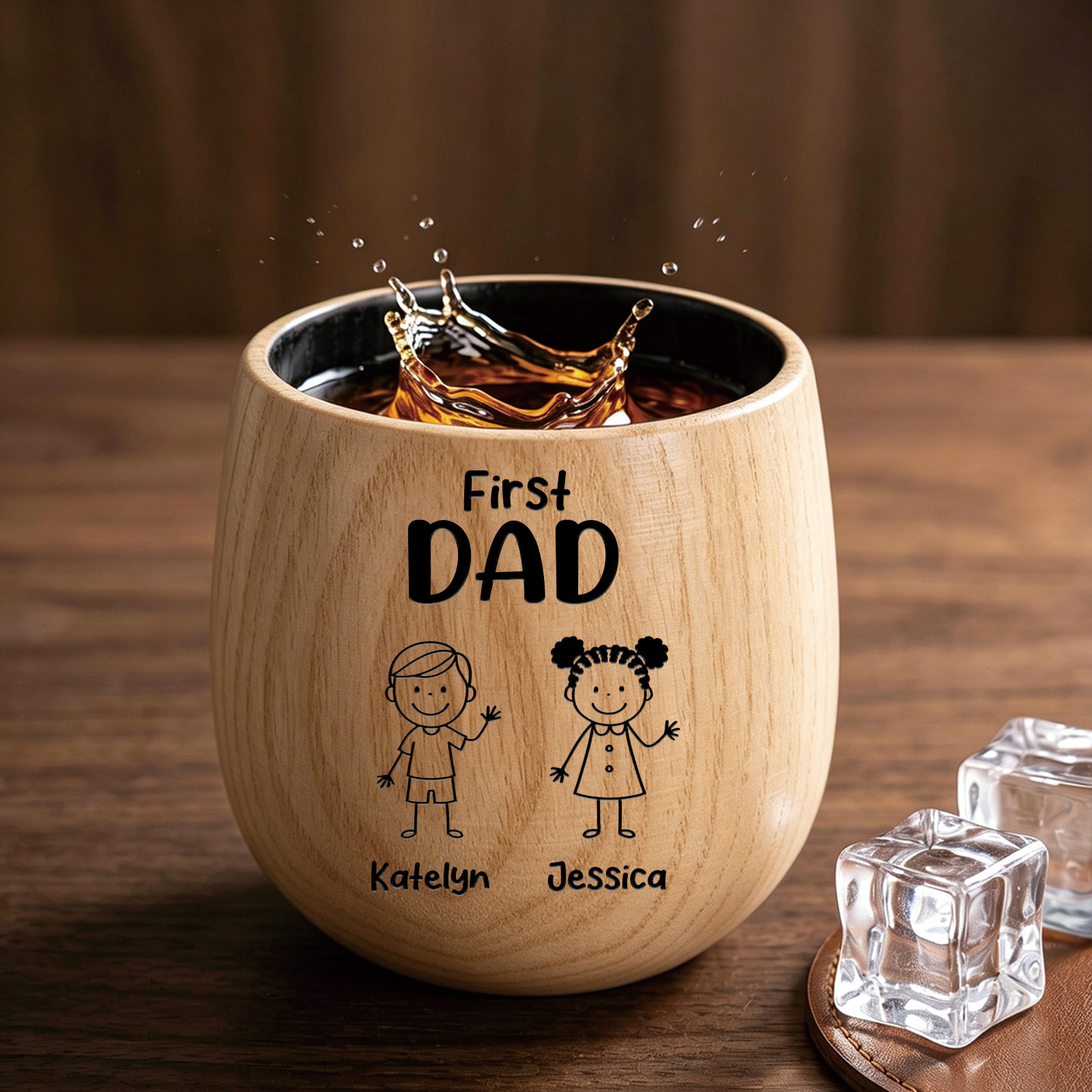 Personalized Wooden Whisky Glass for Dad or Grandpa – 2 to 16 Children and Names