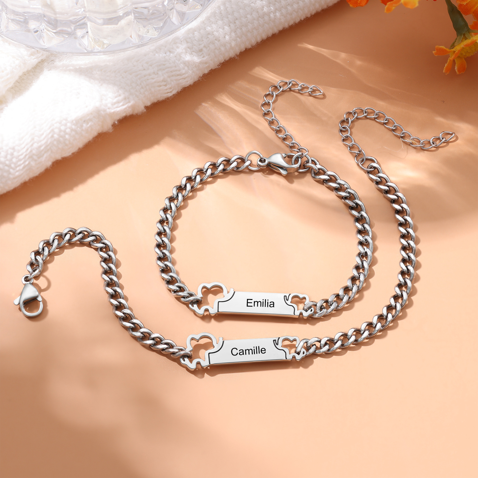Personalized Elephant Name Bracelet for Parent-Child