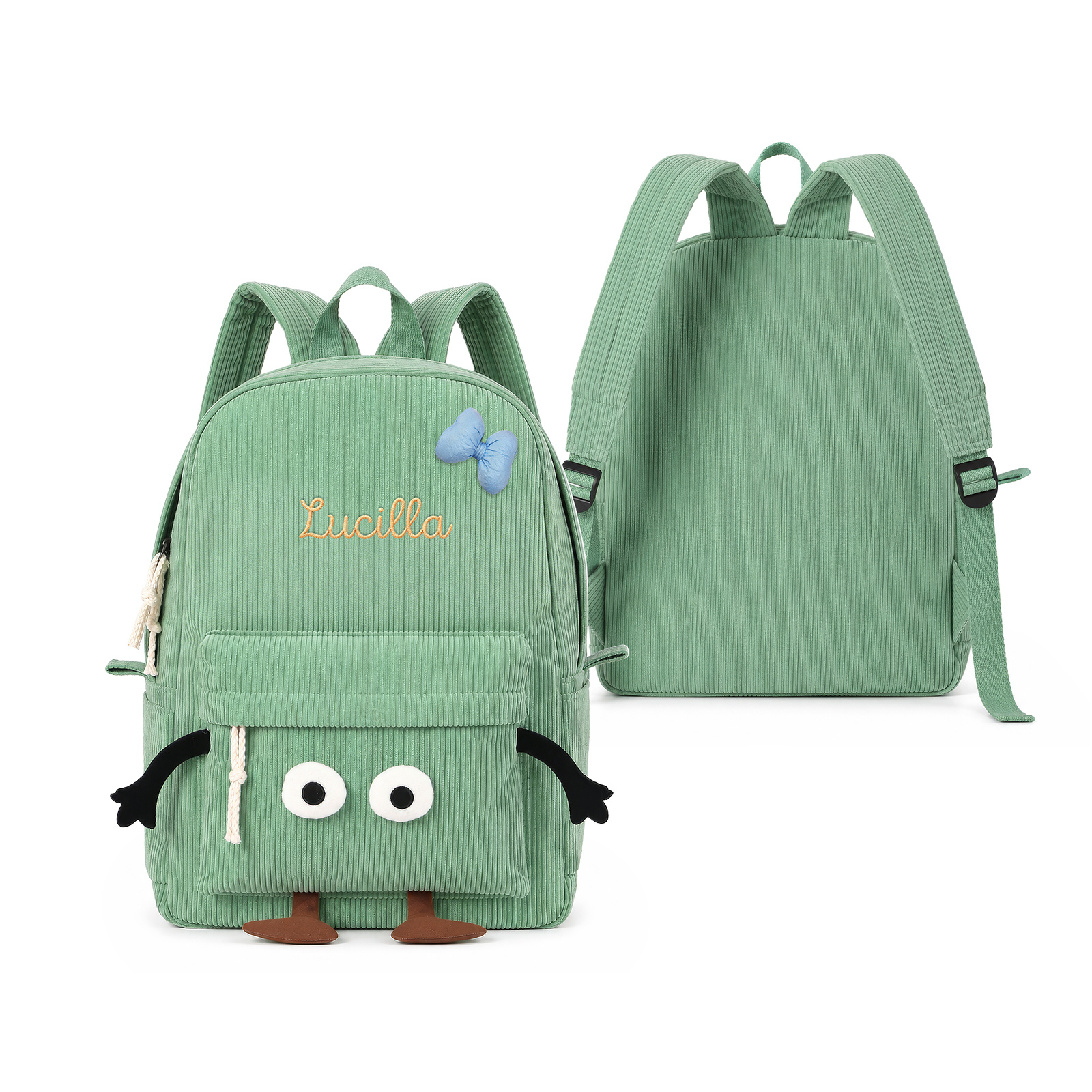 Personalized Corduroy Toddler Backpack with Embroidered Name, Cute Eyes, and Bow School Bag
