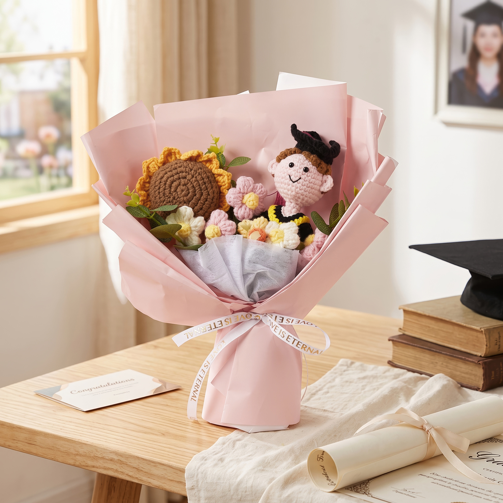 Personalized Hand-Crocheted Graduation Flower Bouquet Gift Box