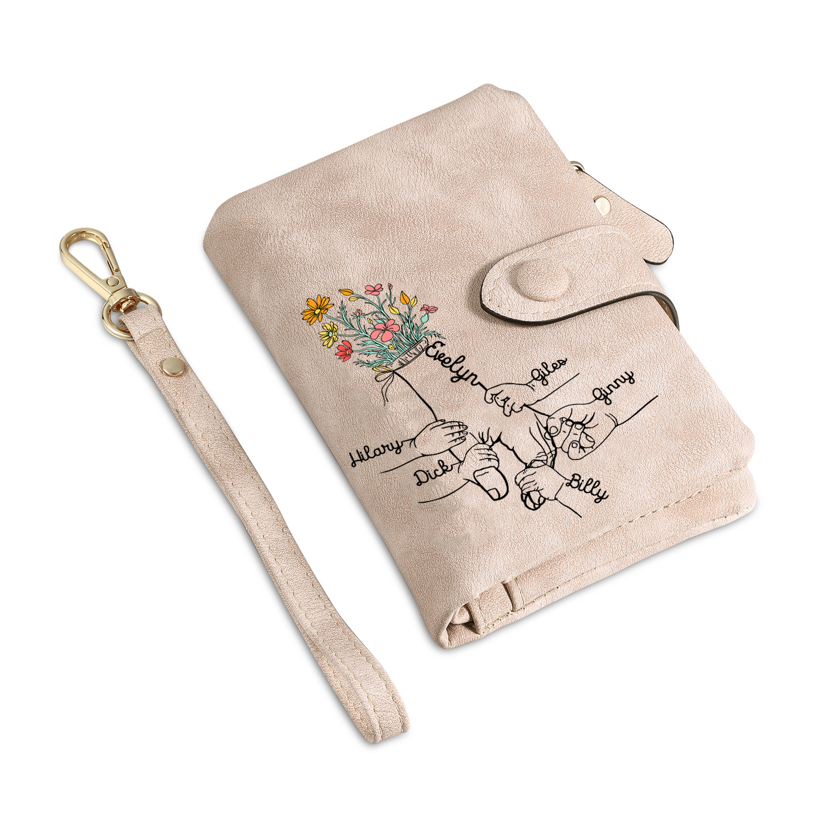 Custom Floral Line PU Wristlet Wallet with 2-7 Names