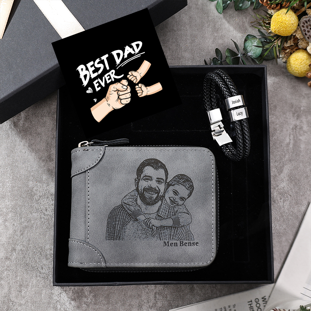 2 Names Men Wallet Bracelet Gift Card Gift Set-Personalized Braided Leather Bracelet Father's Day Gift for Him| Lorajewel