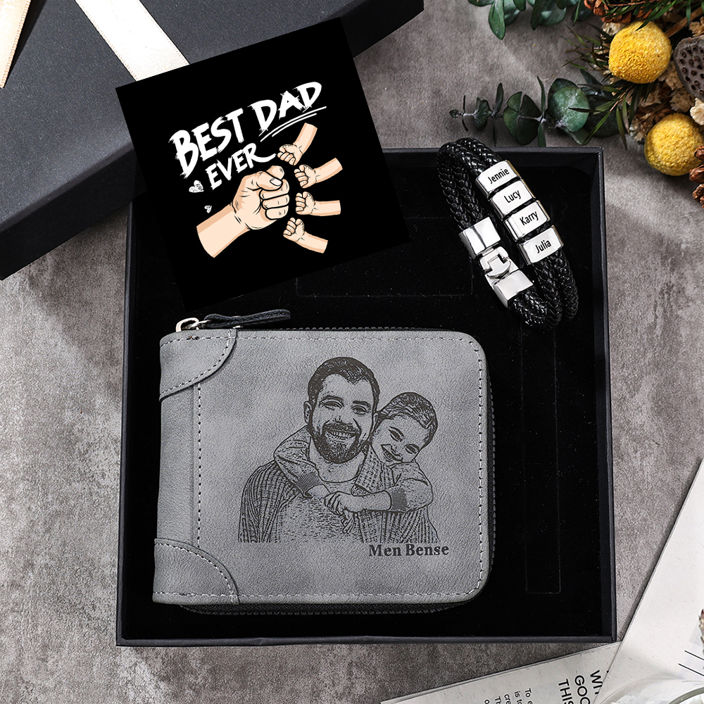 4 Names Men Wallet Bracelet Gift Card Gift Set-Personalized Braided Leather Bracelet Father's Day Gift for Him| Lorajewel