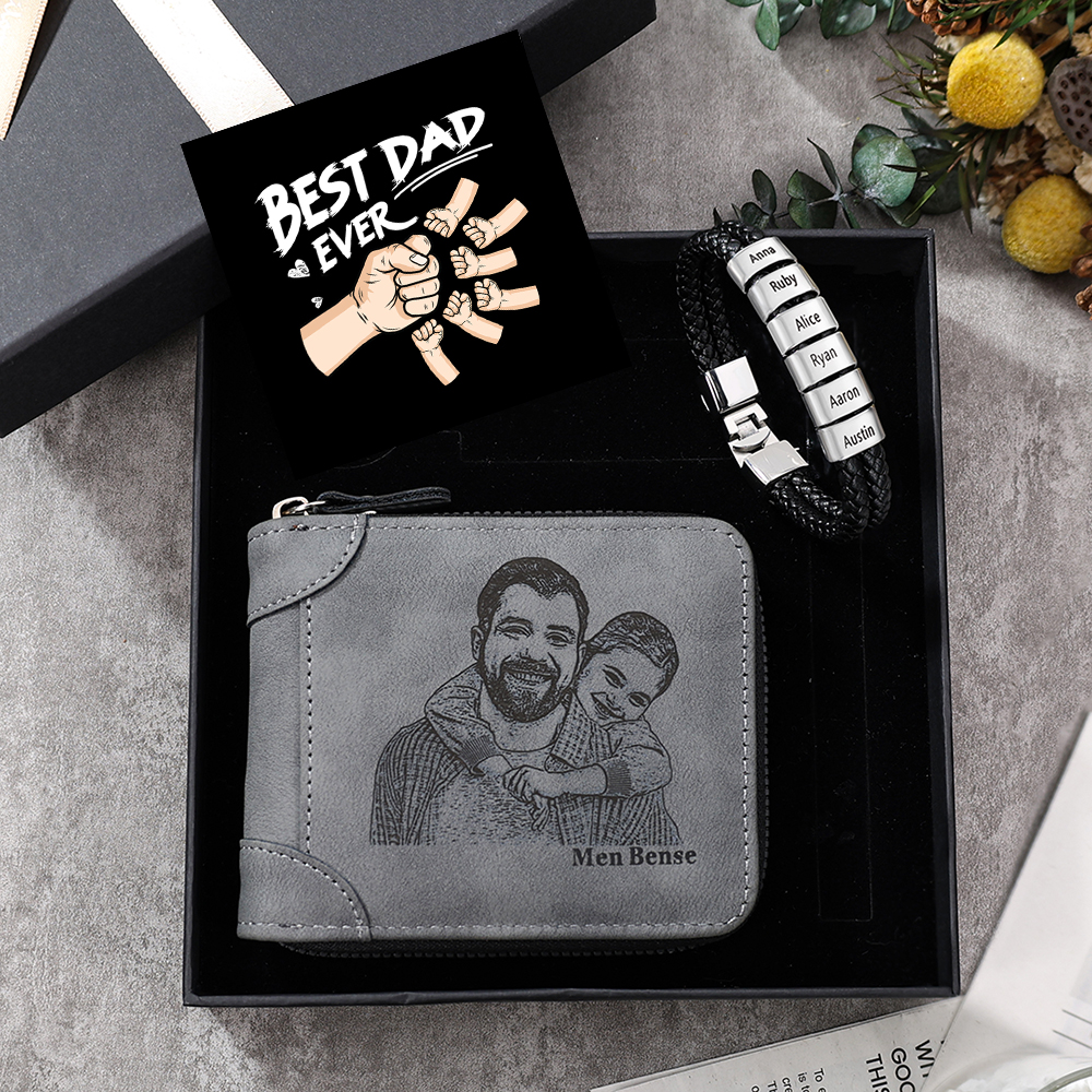 5 Names Men Wallet Bracelet Gift Card Gift Set-Personalized Braided Leather Bracelet Father's Day Gift for Him| Lorajewel