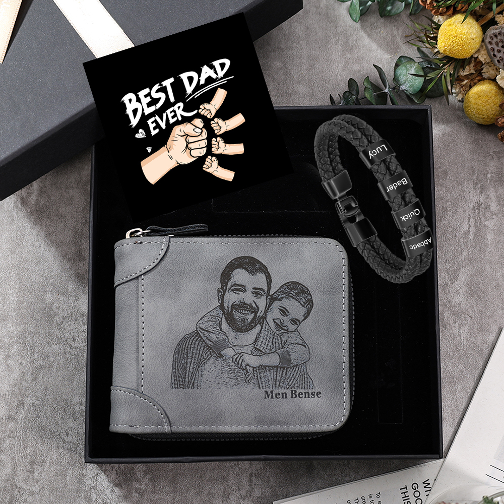 4 Names Men Wallet Bracelet Gift Card Gift Set-Personalized Braided Leather Bracelet Father's Day Gift for Him| Lorajewel