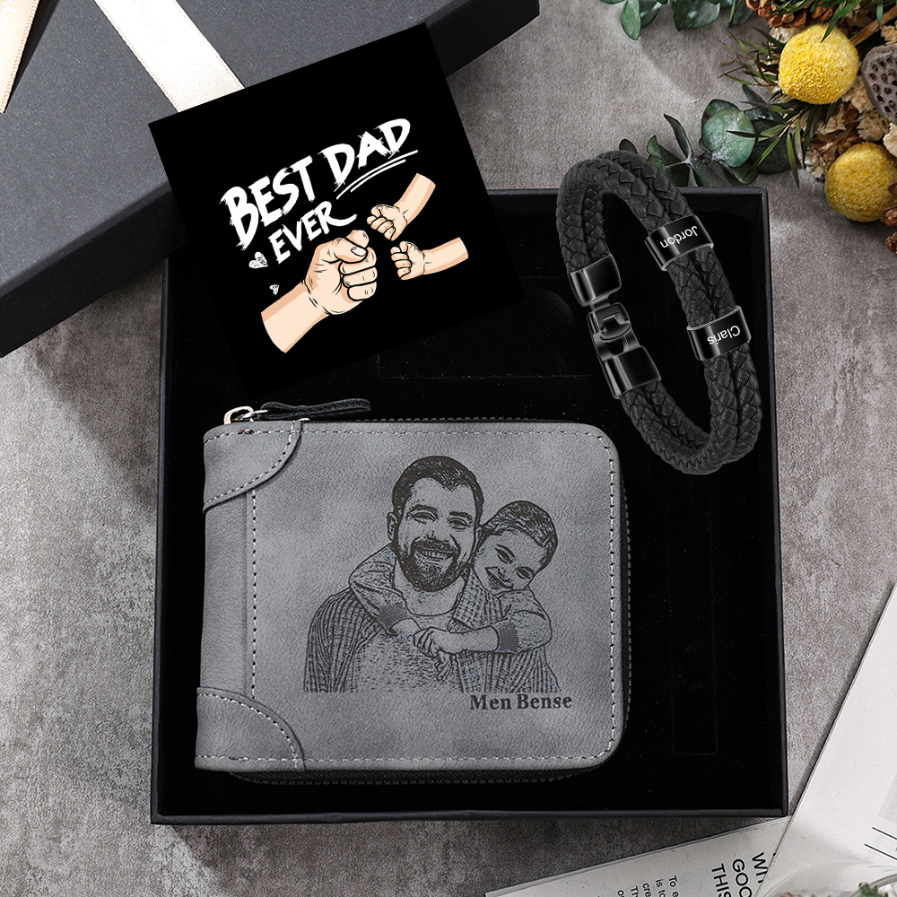 2 Names Men Wallet Bracelet Gift Card Gift Set-Personalized Braided Leather Bracelet Father's Day Gift for Him| Lorajewel
