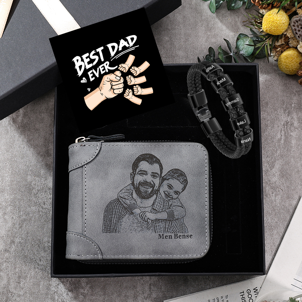 5 Names Men Wallet Bracelet Gift Card Gift Set-Personalized Braided Leather Bracelet Father's Day Gift for Him| Lorajewel