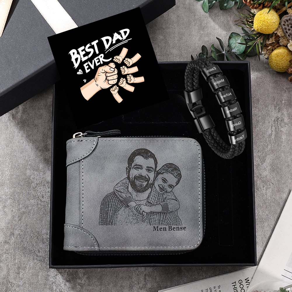 6 Names Men Wallet Bracelet Gift Card Gift Set-Personalized Braided Leather Bracelet Father's Day Gift for Him| Lorajewel