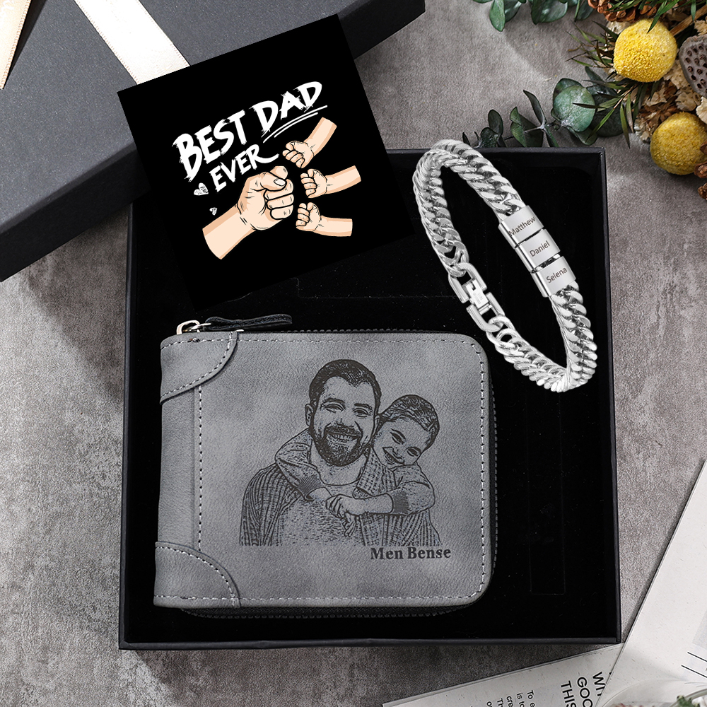3 Names Bracelet Wallet Gift Card Gift Box Set- Personalized Bracelet Wallet Father's Day Gift for Dad | Lorajewel
