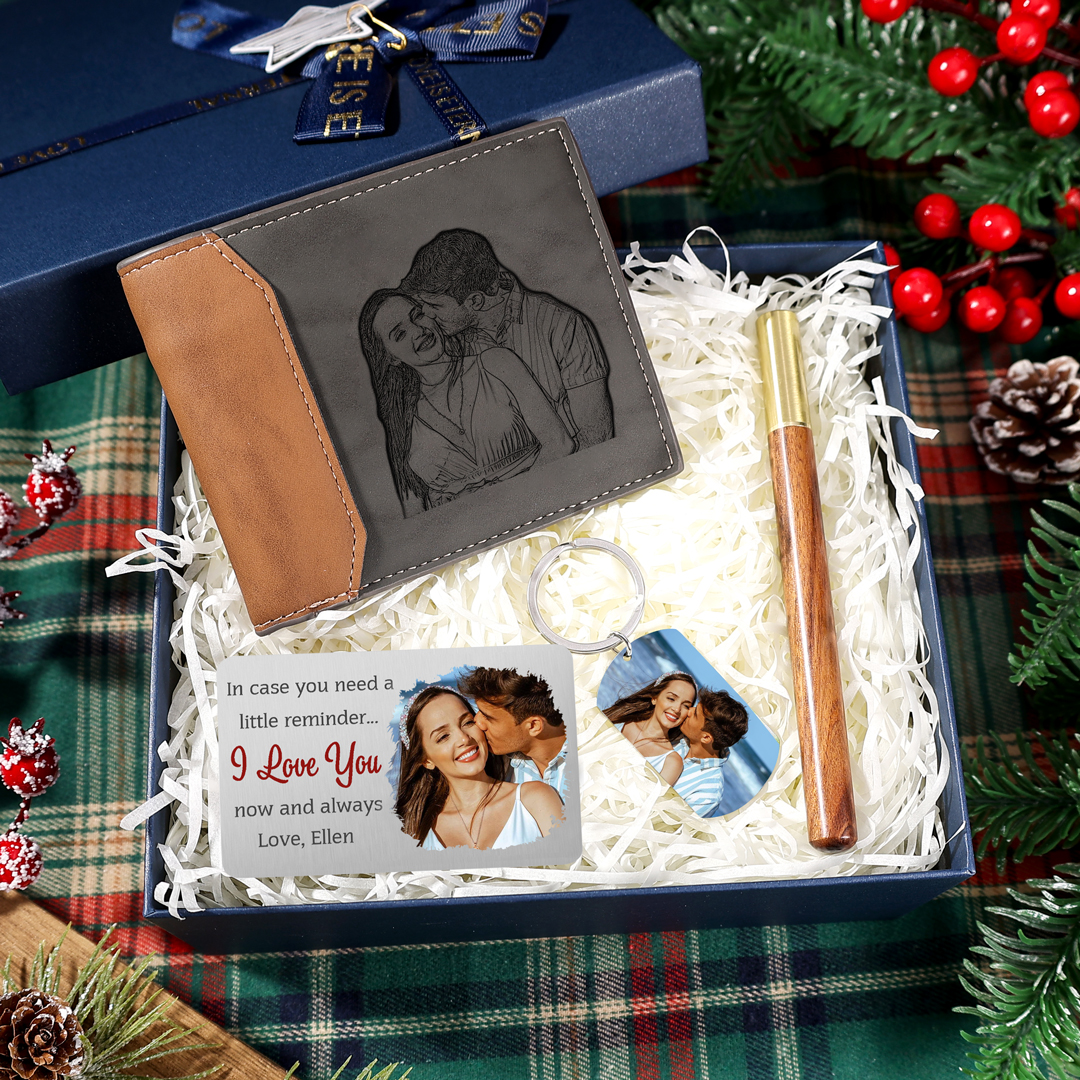 Men Photo Wallet Personalized Letter&Name Wallet Gray Color with Photo Keychain Pen Christmas Gift Set For Him