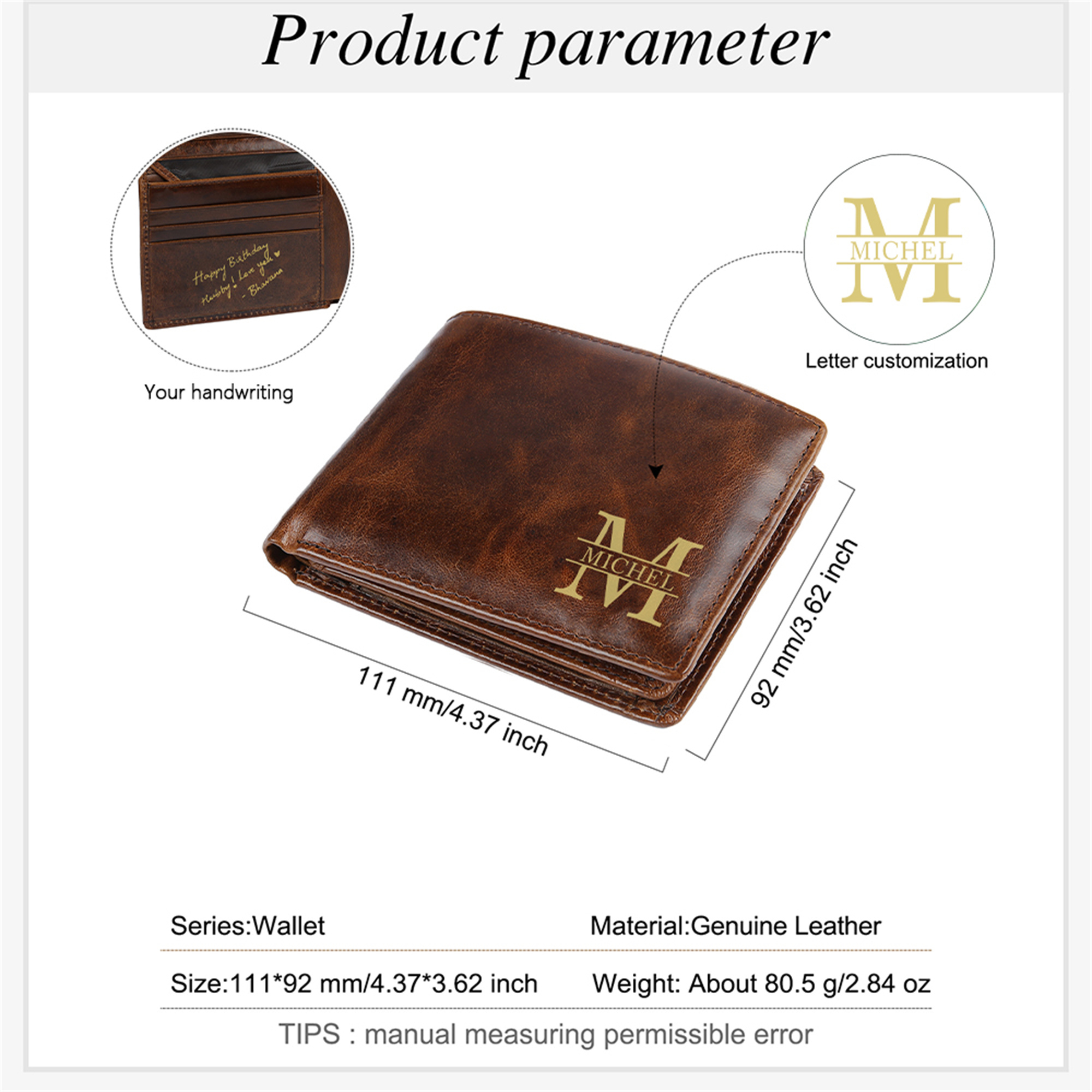 Personalized Leather Wallet with Handwritten Message for Men