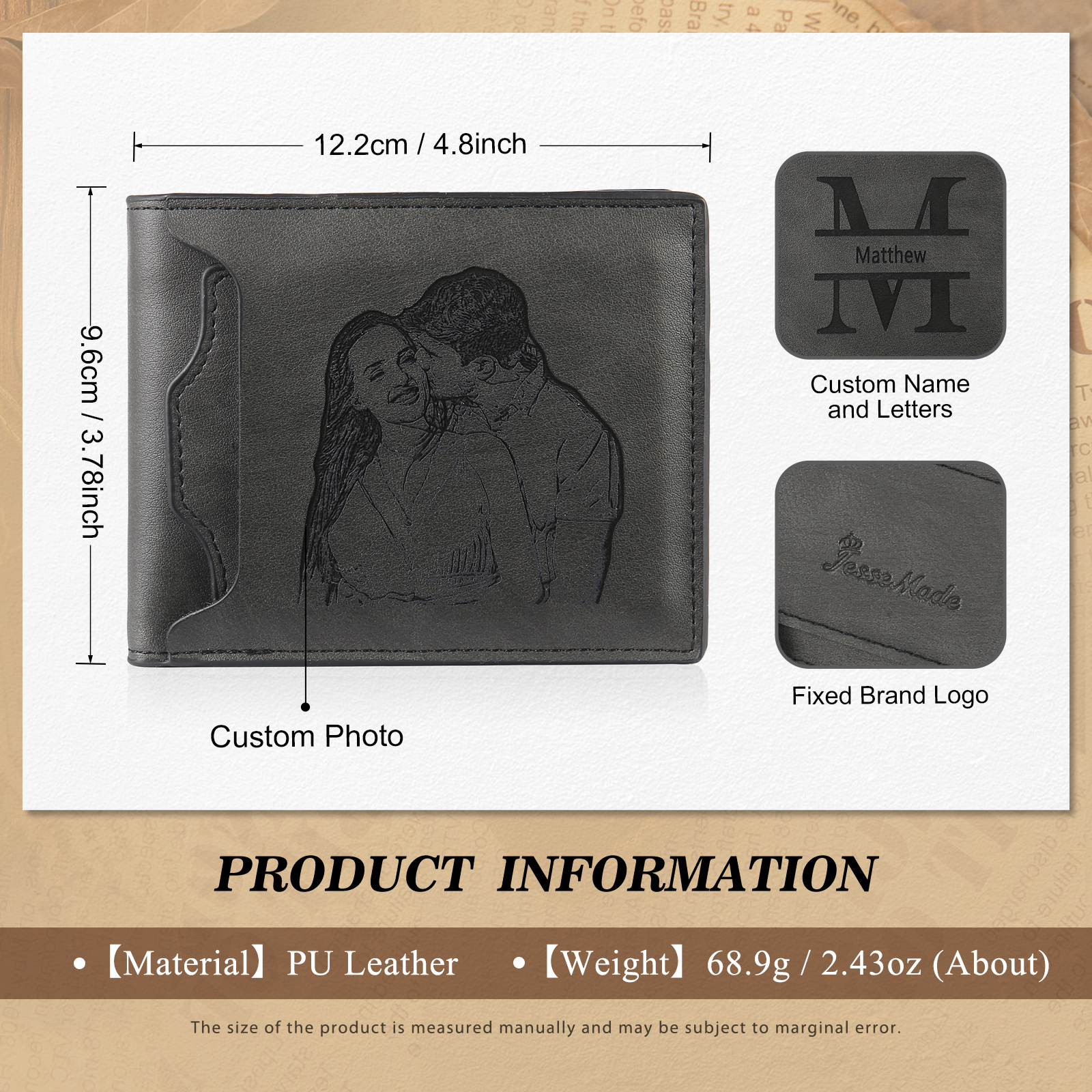 Personalized Men Leather Wallet Custom 1 Letter & 1 Text & 1 Photo Folding Wallet Gifts for Him