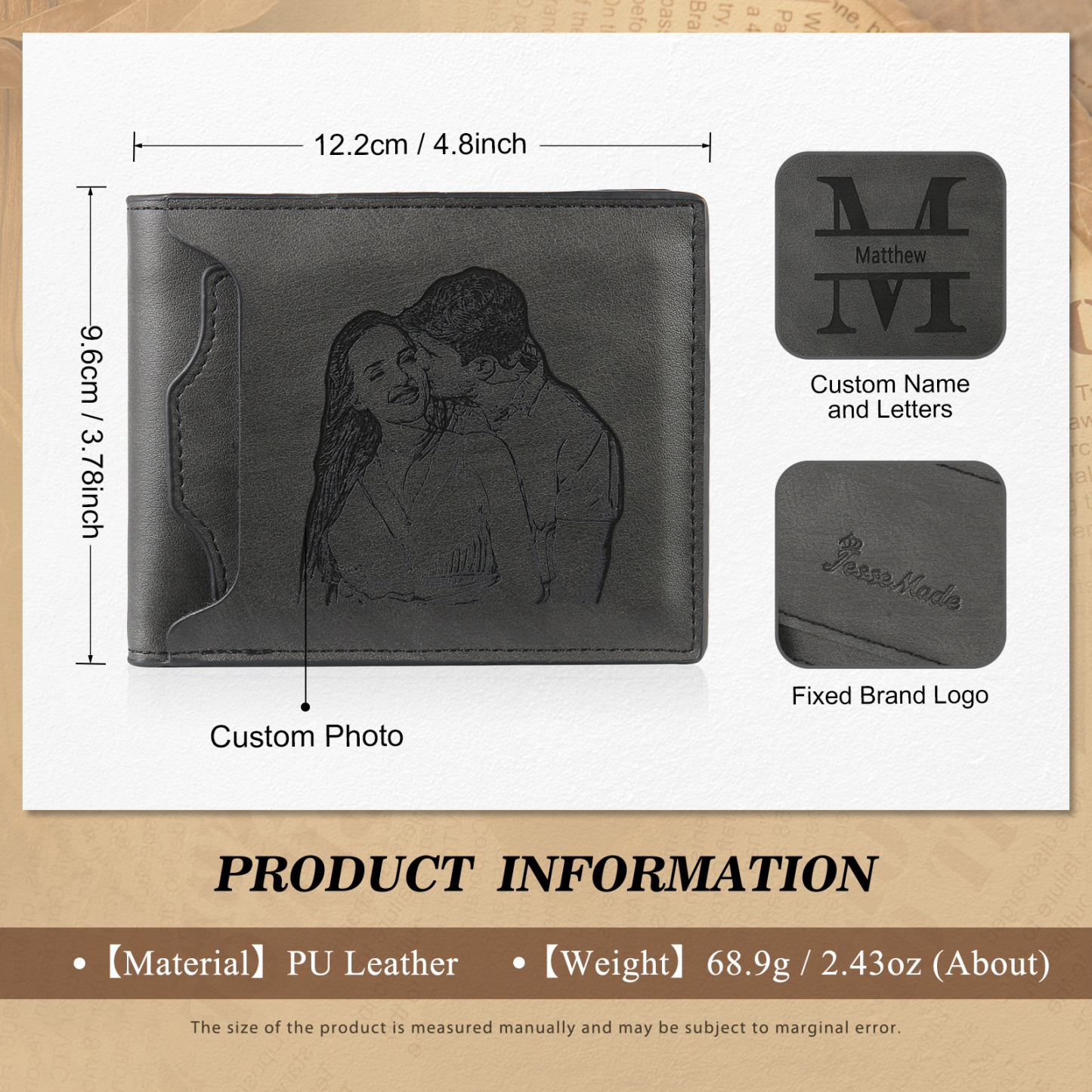 Personalized Men Leather Wallet Custom 1 Letter & 1 Text & 1 Photo Folding Wallet Gifts for Him
