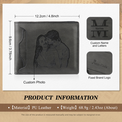 Personalized Men Leather Wallet Custom 1 Letter & 1 Text & 1 Photo Folding Wallet Gifts for Him
