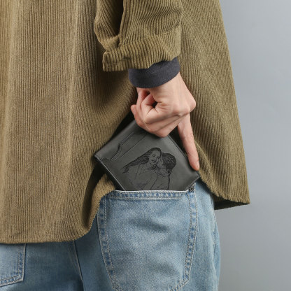 Personalized Men Leather Wallet Custom 1 Letter & 1 Text & 1 Photo Folding Wallet Gifts for Him