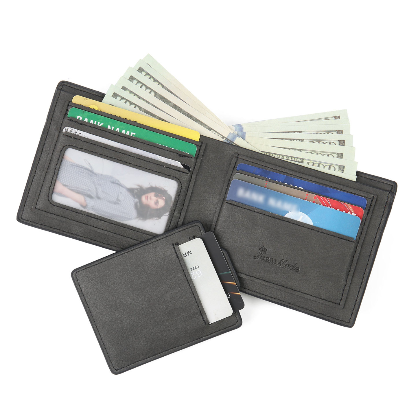 Personalized Men Leather Wallet Custom 1 Letter & 1 Text & 1 Photo Folding Wallet Gifts for Him